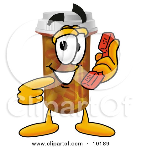 Clipart Picture of a Pill Bottle Mascot Cartoon Character Holding a Telephone by Mascot Junction