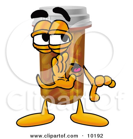 Clipart Picture of a Pill Bottle Mascot Cartoon Character Whispering and Gossiping by Mascot Junction
