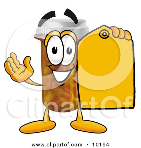 Clipart Picture of a Pill Bottle Mascot Cartoon Character Holding a Yellow Sales Price Tag by Toons4Biz