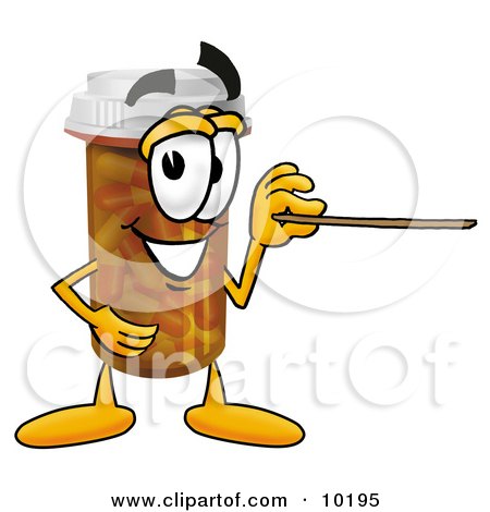 Clipart Picture of a Pill Bottle Mascot Cartoon Character Holding a Pointer Stick by Mascot Junction