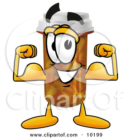 Clipart Picture of a Pill Bottle Mascot Cartoon Character Flexing His Arm Muscles by Mascot Junction
