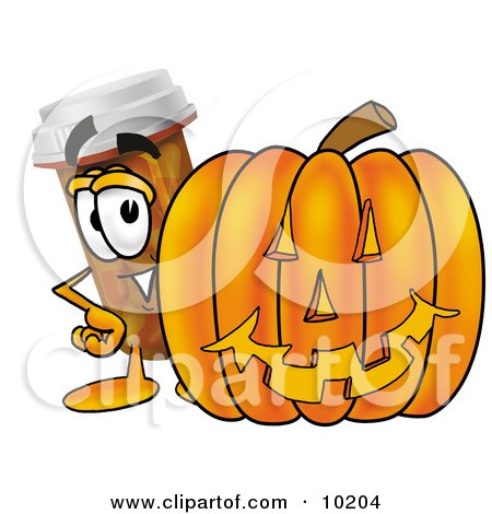 Clipart Picture of a Pill Bottle Mascot Cartoon Character With a Carved Halloween Pumpkin by Mascot Junction