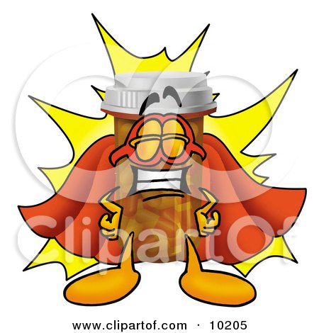 Clipart Picture of a Pill Bottle Mascot Cartoon Character Dressed as a Super Hero by Mascot Junction