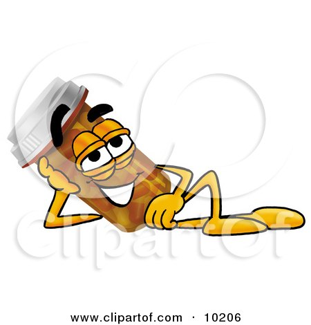 Clipart Picture of a Pill Bottle Mascot Cartoon Character Resting His Head on His Hand by Mascot Junction