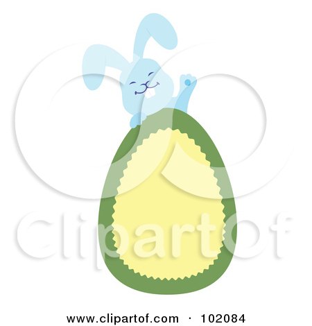 Royalty-Free (RF) Clipart Illustration of a Blue Rabbit Behind A Yellow And Green Easter Egg by Cherie Reve