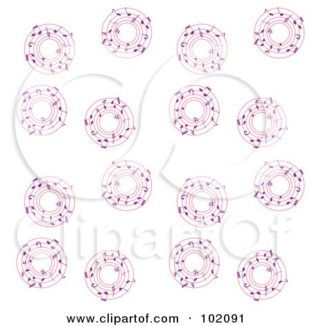 Royalty-Free (RF) Clipart Illustration of a Background Of Pink Circles With Purple Music Notes On White by Cherie Reve