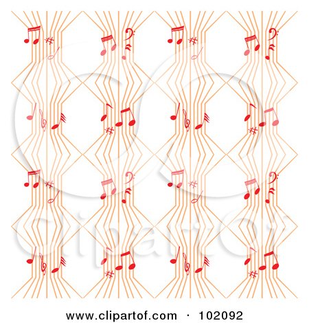 Royalty-Free (RF) Clipart Illustration of a Background Pattern Of Orange Music Lines With Red Notes On White by Cherie Reve