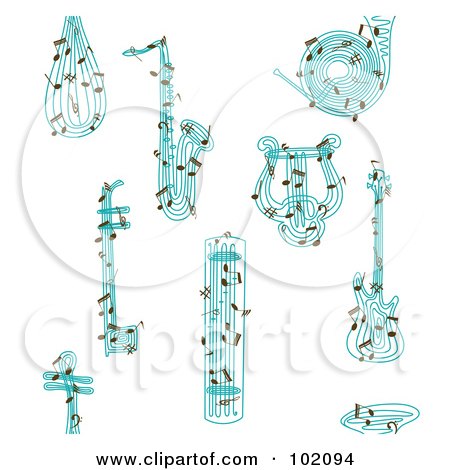Royalty-Free (RF) Clipart Illustration of a Seamless Background Of Blue Musical Instruments With Notes by Cherie Reve