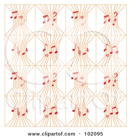 Royalty-Free (RF) Clipart Illustration of a Background Pattern Of Orange Music Strings With Red Notes On White by Cherie Reve