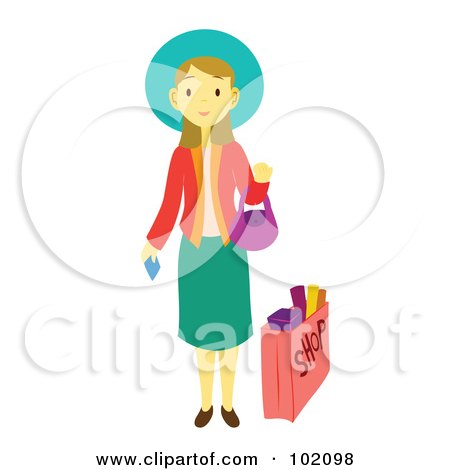 Royalty-Free (RF) Clipart Illustration of a Pretty Woman Standing And Holding A Credit Card By A Shopping Bag by Cherie Reve