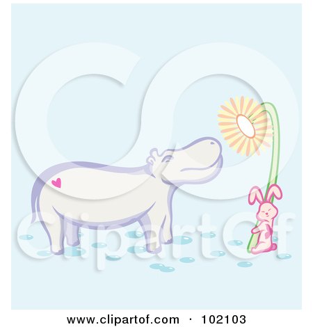 Royalty-Free (RF) Clipart Illustration of a Pink Rabbit Giving A Hippo A Flower by Cherie Reve