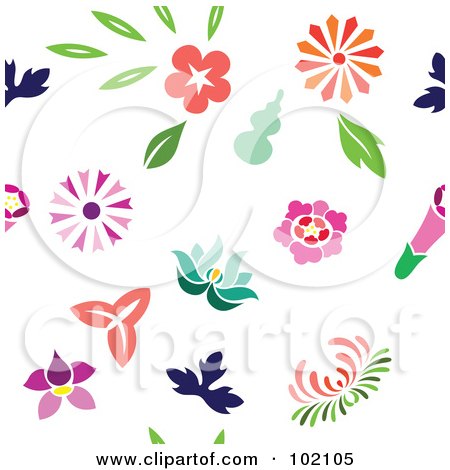 Royalty-Free (RF) Clipart Illustration of a Seamless Pattern Background Of Colorful Flowers On White by Cherie Reve