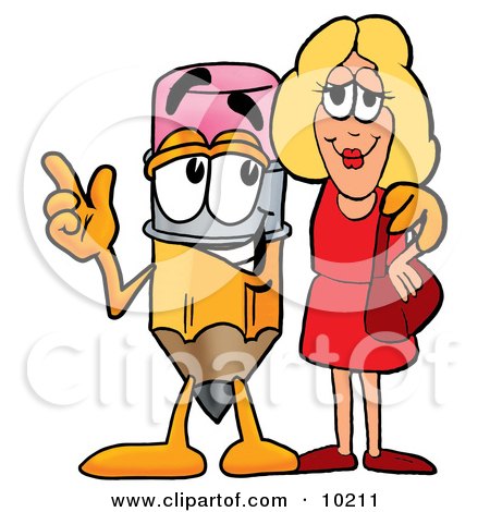 Clipart Picture of a Pencil Mascot Cartoon Character Talking to a Pretty Blond Woman by Mascot Junction