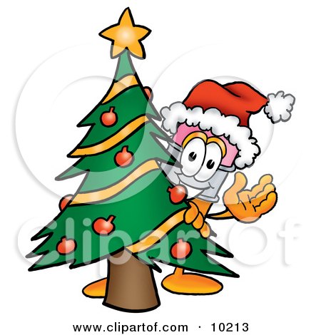 Clipart Picture of a Pencil Mascot Cartoon Character Waving and Standing by a Decorated Christmas Tree by Mascot Junction
