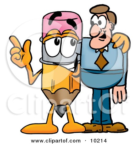Clipart Picture of a Pencil Mascot Cartoon Character Talking to a Business Man by Mascot Junction