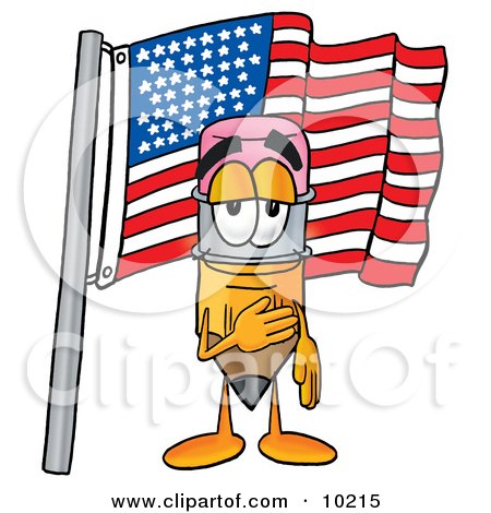Clipart Picture of a Pencil Mascot Cartoon Character Pledging Allegiance to an American Flag by Mascot Junction