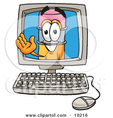 Clipart Picture of a Pencil Mascot Cartoon Character Waving From Inside a Computer Screen by Mascot Junction