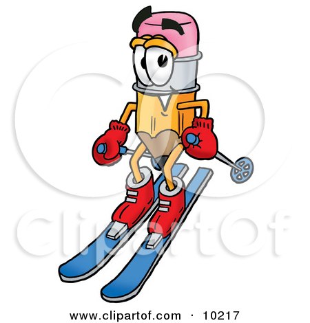 Clipart Picture of a Pencil Mascot Cartoon Character Skiing Downhill by Mascot Junction