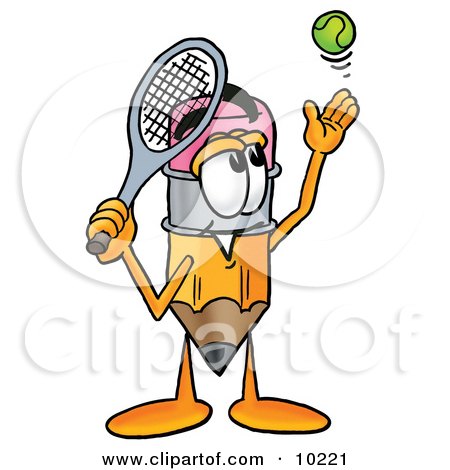 Clipart Picture of a Pencil Mascot Cartoon Character Preparing to Hit a Tennis Ball by Mascot Junction