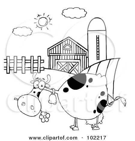 Royalty-Free (RF) Clipart Illustration of an Outlined Spotted Cow Eating A Daisy Near A Barn And Silo by Hit Toon