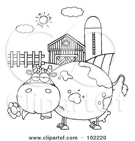 Royalty-Free (RF) Clipart Illustration of an Outlined Chubby Cow Eating A Daisy By A Silo And Barn by Hit Toon