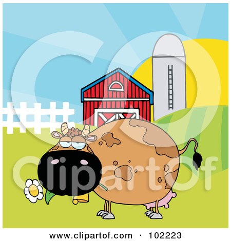 Royalty-Free (RF) Clipart Illustration of a Chubby Brown Cow Eating A Daisy By A Silo And Barn by Hit Toon