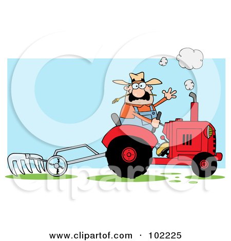 Royalty-Free (RF) Clipart Illustration of a Caucasian Male Farmer Waving And Operating A Tilling Tractor by Hit Toon