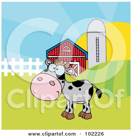 Royalty-Free (RF) Clipart Illustration of a Spotted Gray Calf In A Pasture By A Barn And Silo by Hit Toon
