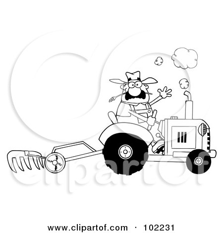 Royalty-Free (RF) Clipart Illustration of a Coloring Page Outline Of A Farmer Waving And Tilling A Field With A Tractor by Hit Toon