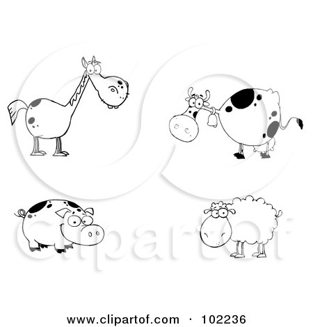 Royalty-Free (RF) Clipart Illustration of a Digital Collage Of A Black And White Horse, Cow, Pig And Sheep by Hit Toon