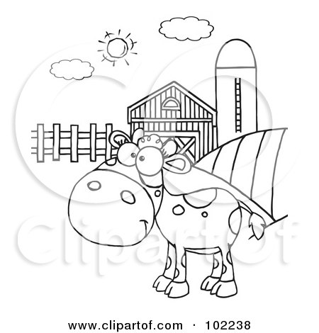 Royalty-Free (RF) Clipart Illustration of an Outlined Spotted Calf In A Pasture By A Barn And Silo by Hit Toon