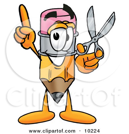 Clipart Picture of a Pencil Mascot Cartoon Character Holding a Pair of Scissors by Mascot Junction