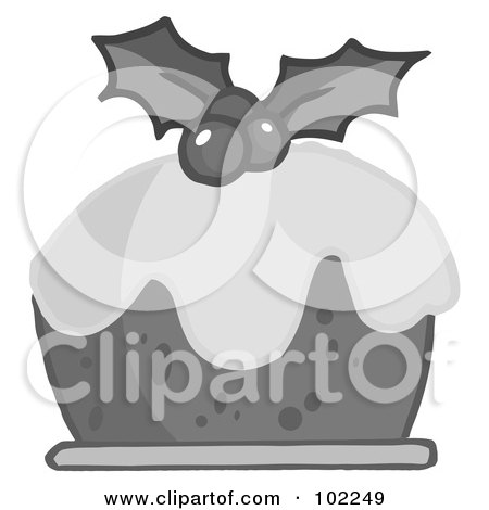 Royalty-Free (RF) Clipart Illustration of Grayscale Holly Topped Christmas Pudding by Hit Toon
