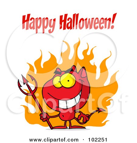 Royalty-Free (RF) Clipart Illustration of a Happy Halloween Greeting Over A Devil by Hit Toon