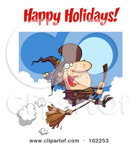 Royalty-Free (RF) Clipart Illustration of a Happy Holidays Greeting Over A Halloween Witch And Spider by Hit Toon