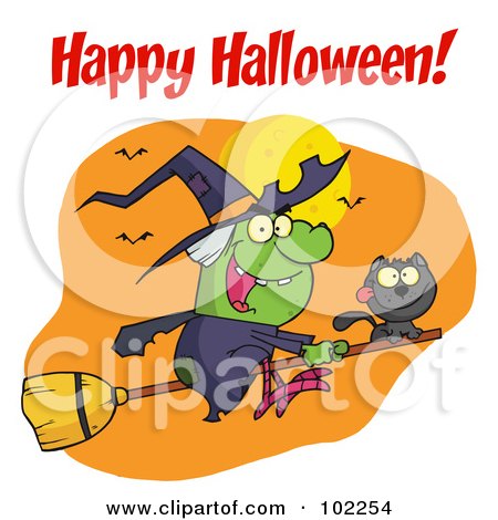 Royalty-Free (RF) Clipart Illustration of a Happy Halloween Greeting Over A Witch And Cat by Hit Toon