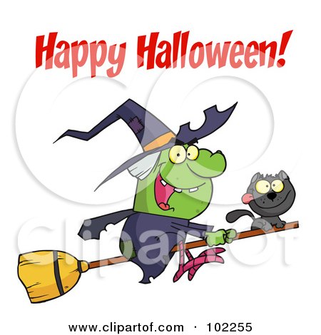 Royalty-Free (RF) Clipart Illustration of a Happy Halloween Greeting Over A Green Witch by Hit Toon