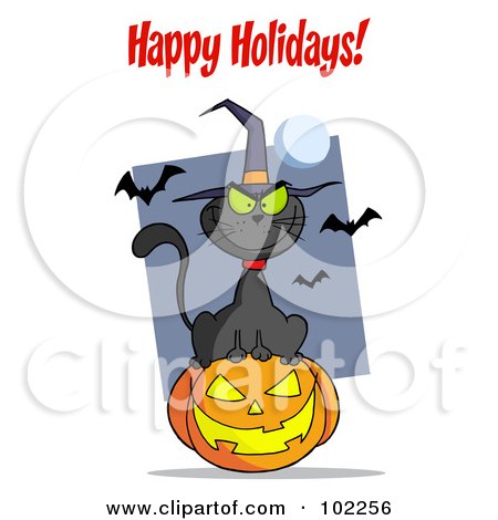 Royalty-Free (RF) Clipart Illustration of a Happy Holidays Greeting Over A Cat And Pumpkin by Hit Toon