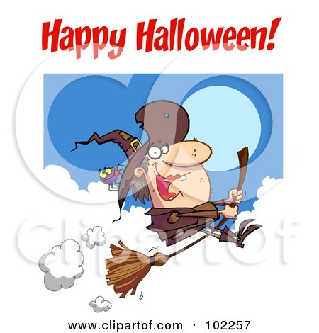 Royalty-Free (RF) Clipart Illustration of a Happy Halloween Greeting Over A Witch And Spider by Hit Toon
