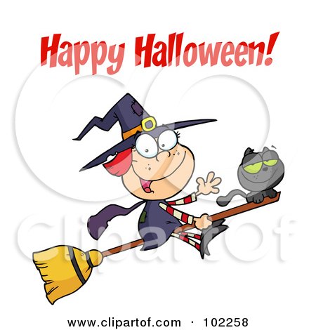 Royalty-Free (RF) Clipart Illustration of a Happy Halloween Greeting Over A Little Witch by Hit Toon