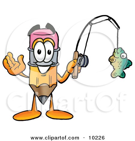 Clipart Picture of a Pencil Mascot Cartoon Character Holding a Fish on a Fishing Pole by Mascot Junction