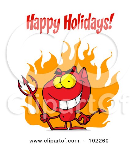 Royalty-Free (RF) Clipart Illustration of a Happy Holidays Greeting Over A Halloween Devil by Hit Toon