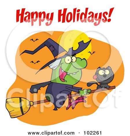 Royalty-Free (RF) Clipart Illustration of a Happy Holidays Greeting Over A Halloween Witch And Cat by Hit Toon