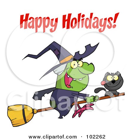 Royalty-Free (RF) Clipart Illustration of a Happy Holidays Greeting Over A Halloween Witch by Hit Toon