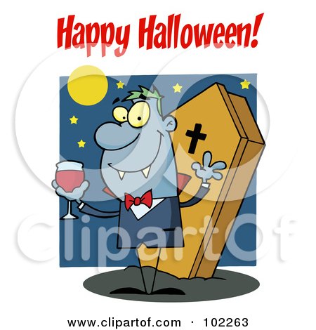 Royalty-Free (RF) Clipart Illustration of a Happy Halloween Greeting Over A Vampire by Hit Toon