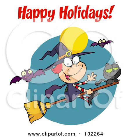 Royalty-Free (RF) Clipart Illustration of a Happy Holidays Greeting Over A Little Halloween Cat And Witch by Hit Toon