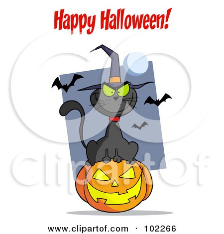 Royalty-Free (RF) Clipart Illustration of a Happy Halloween Greeting Over A Cat And Pumpkin by Hit Toon