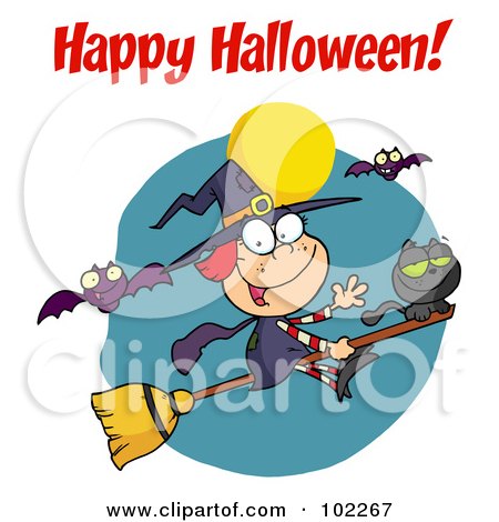 Royalty-Free (RF) Clipart Illustration of a Happy Halloween Greeting Over A Witch And Cat With Bats by Hit Toon