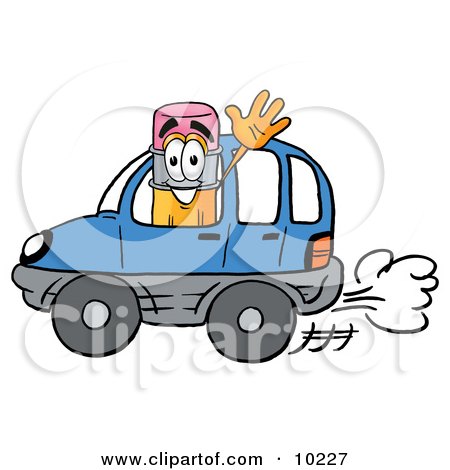 Clipart Picture of a Pencil Mascot Cartoon Character Driving a Blue Car and Waving by Mascot Junction
