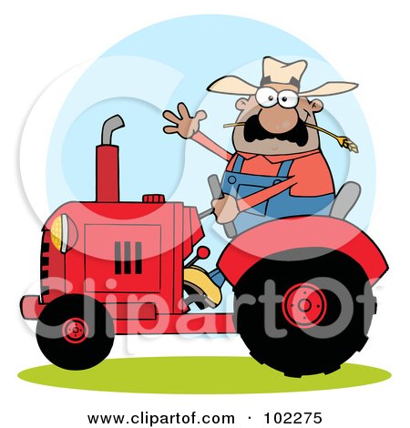 Royalty-Free (RF) Clipart Illustration of a Hispanic Farmer Waving And Driving A Red Tractor by Hit Toon